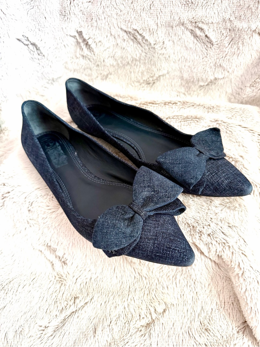 Tory Burch Navy Pointed-Toe Bow Flats